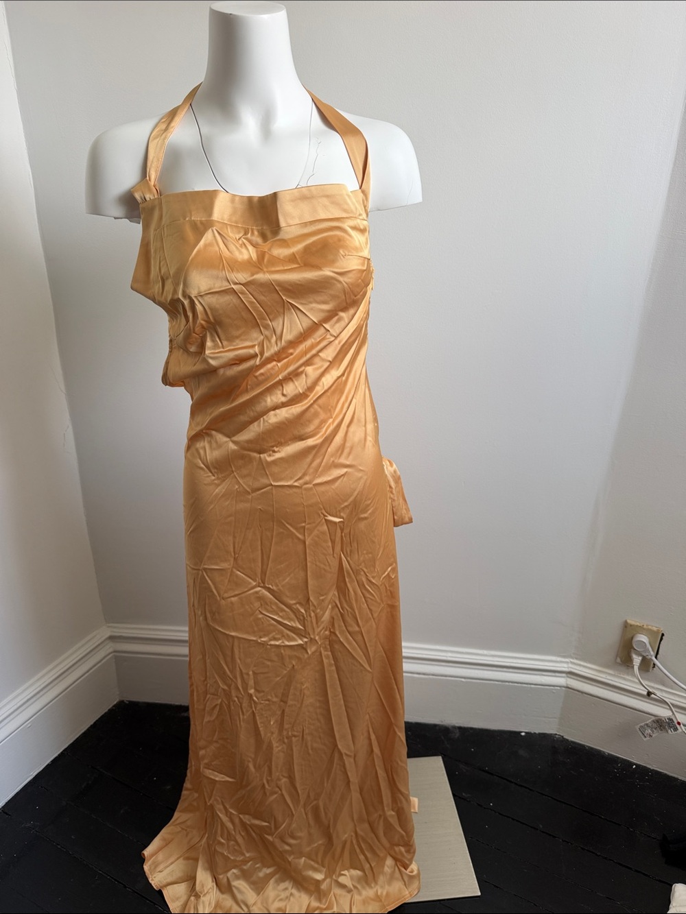 Commense Gold Strapless Satin Evening Gown